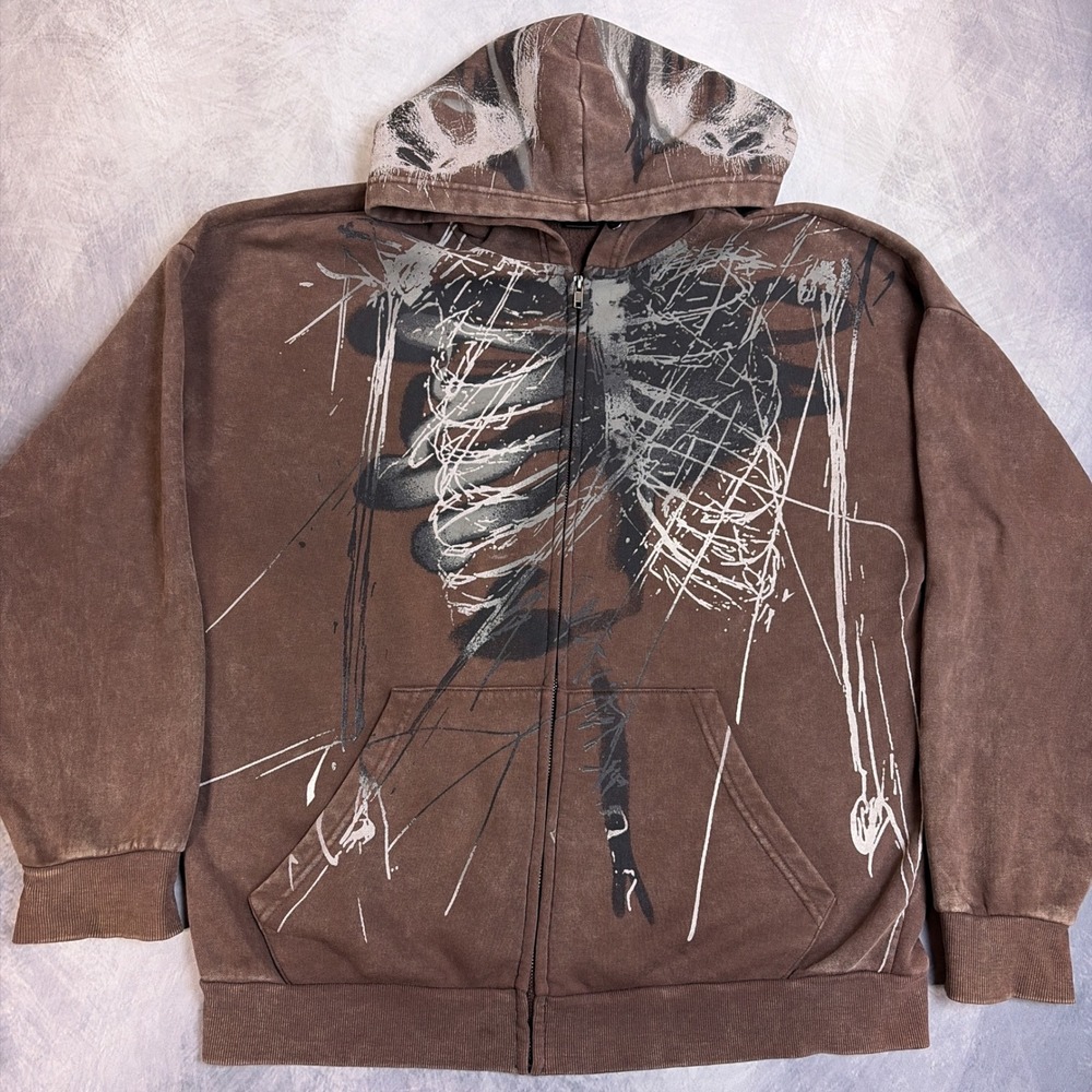 Hot Topic Brown Skeleton Rib Cage Zip Up Hoodie Small Grunge Streetwear